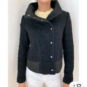 Black Boucle Moto Jacket, Banana Republic, 10, Womens, Funnel Neck, Wool Blend